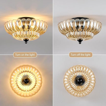 Modern Black Ceiling Light Fixture, 12" Amber Glass Flush Mount Chandeliers, Semi Flush Mount Ceiling Light Fixture Suitable for Living Room Hallway Kitchen Bedroom