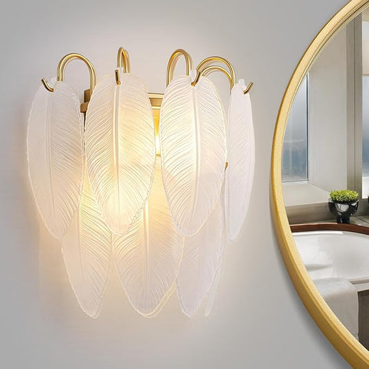 LumFurn 2-Light Gold Wall Sconces, Modern Design Indoor Wall Lamp, Vanity Wall Mount Light Fixture for Bathroom, Hallway, Bedroom, Frosted Feather-Shaped Glass Shade & Brass Finish Frame