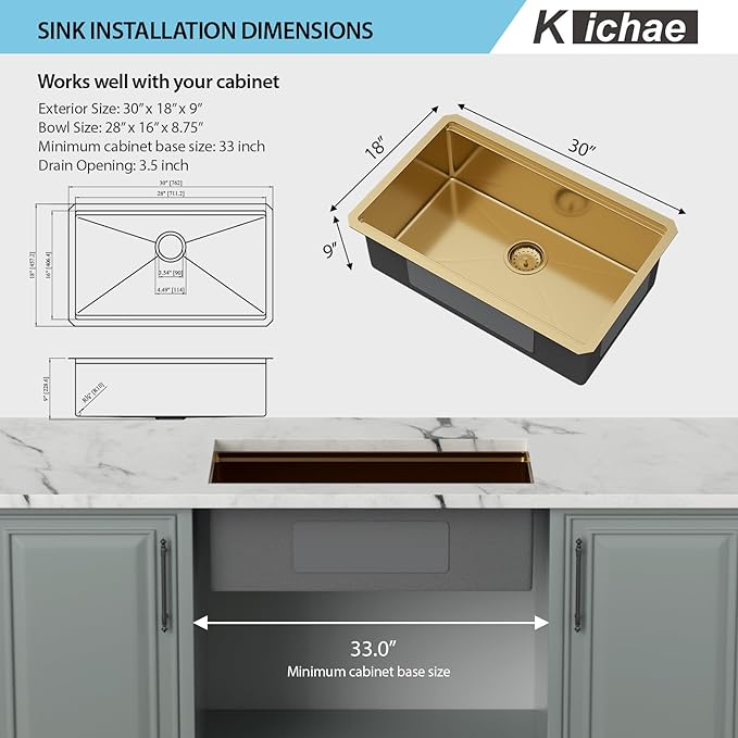 30 Inch Gold Undermount Kitchen Sink - Kichae 30 x 18 Stainless Steel Undermount Sink Ledge Workstation 16 Gauge Single Bowl Round Corner Handmade Deep Bowl with Cutting Board