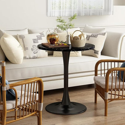 Black Marble Round Dining Table 24" Circle Tulip Table with Thickened Tabletop & Sturdy Metal Pedestal Mid Century Modern Leisure Bistro Kitchen Tables 2 People Small Places Living Room Cafe