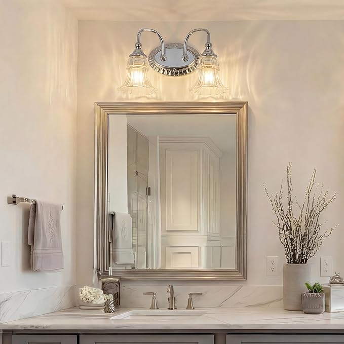 2-Light Bathroom Light Fixtures Vintage Chrome Vanity Lights Over Mirror with Floral Glass Shade for Bathroom Powder Room, Living Room Hallway