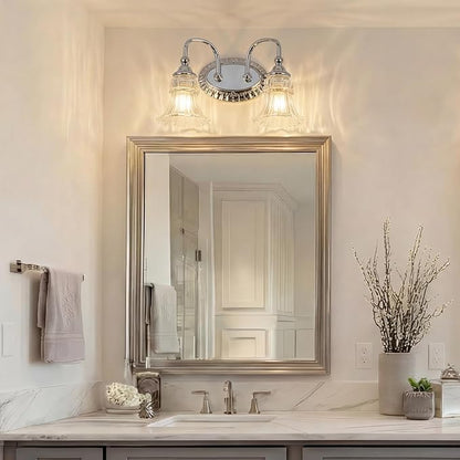 2-Light Bathroom Light Fixtures Vintage Chrome Vanity Lights Over Mirror with Floral Glass Shade for Bathroom Powder Room, Living Room Hallway