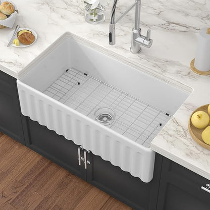 White Farmhouse Sink 30 Inch Fireclay Reversible Apron Front Farm Sink 30"x18"x10" Glossy White Porcelain Farms House Style Single Bowl Farmhoues kitchen Sinks with Luxury Accessories