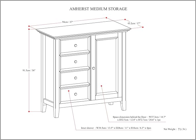 SIMPLIHOME Amherst 37-inch Wide Solid Wood Transitional-Style Storage Cabinet in Light Golden Brown, Cabinet with 4 Drawers and Adjustable Shelves for Living Room or Entryway