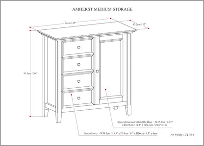 SIMPLIHOME Amherst 37-inch Wide Solid Wood Transitional-Style Storage Cabinet in Light Golden Brown, Cabinet with 4 Drawers and Adjustable Shelves for Living Room or Entryway