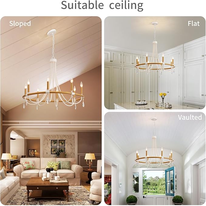 WUZUPS Wagon Wheel Chandelier Rustic Farmhouse Industrial Round Pendant Light Fixture with Clear Crystal for Dining Room Kitchen Island, H 28.3" x W 30.3", E12 Base, Gold White