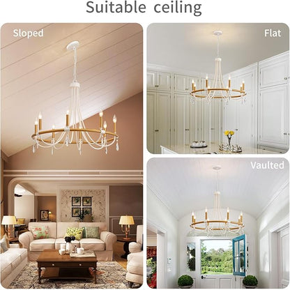 WUZUPS Wagon Wheel Chandelier Rustic Farmhouse Industrial Round Pendant Light Fixture with Clear Crystal for Dining Room Kitchen Island, H 28.3" x W 30.3", E12 Base, Gold White