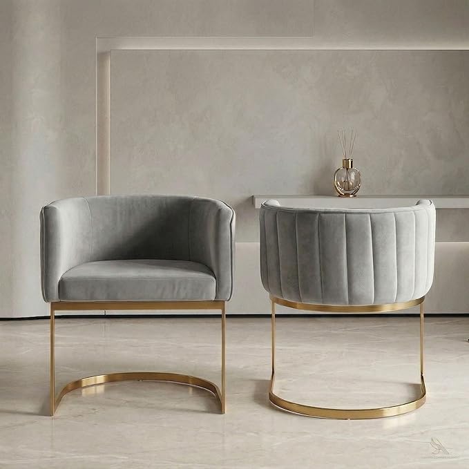 Hyfirm Gray and Gold Modern Barrel Dining Chairs Set of 2, Velvet Upholstered Accent Chairs with Curved Back for Kitchen Island, Luxury Comfort Seating Cantilever Metal Frame