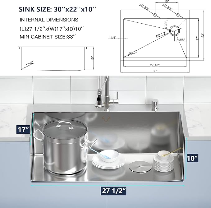 Kitchen Sink 30 x 22 Inch Drop-In Top Mount 16 Gauge Deep R10 Single Bowl 2-Hole Stainless Steel Kitchen Sink and Accessories (Pack of 4)