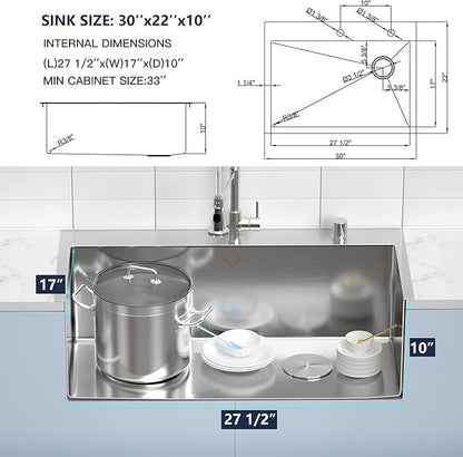 Kitchen Sink 30 x 22 Inch Drop-In Top Mount 16 Gauge Deep R10 Single Bowl 2-Hole Stainless Steel Kitchen Sink and Accessories (Pack of 4)