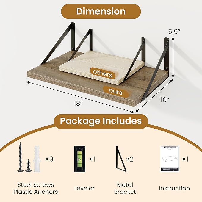 Acovy Floating Shelves for Wall,18" Wall Mounted Shelves Set of 2,Wood Floating Shelf with Bracket,Sturdy Metal Bracket Bookshelves Home Decor Storage for Living Room,Bedroom,Bathroom,Kitchen,Grey