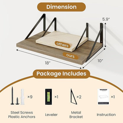 Acovy Floating Shelves for Wall,18" Wall Mounted Shelves Set of 2,Wood Floating Shelf with Bracket,Sturdy Metal Bracket Bookshelves Home Decor Storage for Living Room,Bedroom,Bathroom,Kitchen,Grey