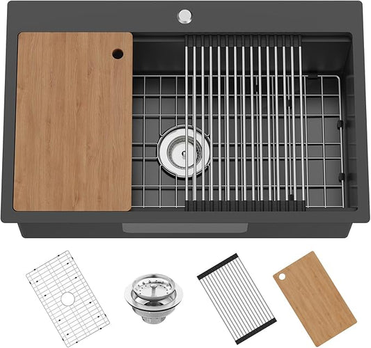 Black 31x20In Kitchen Sink Workstation-Stainless Steel Drop In Single Bowl Built-in Ledge Topmount Workstation Sink For Placing/Sliding Accessory-Cutting Board,Drying Rack,Convenient And Functional