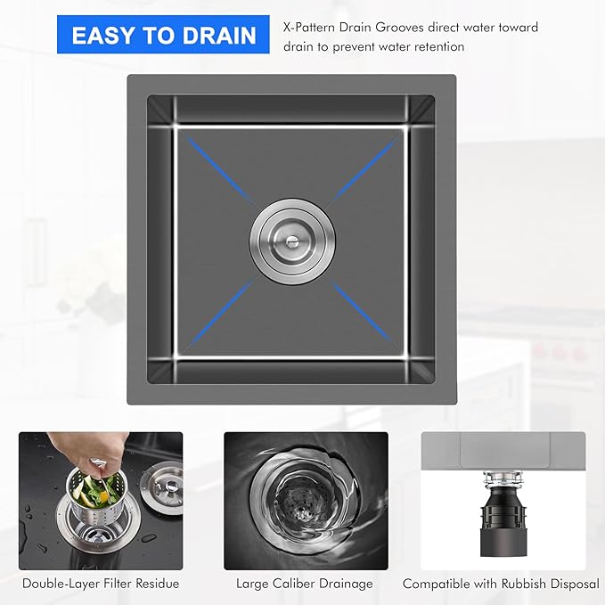 MENATT 18-inch Undermount Kitchen Sink Black, 18 Gauge Stainless Steel Single Bowl Undermount Small Bar Sink Kitchen Sinks,D18" x W18" x H9"