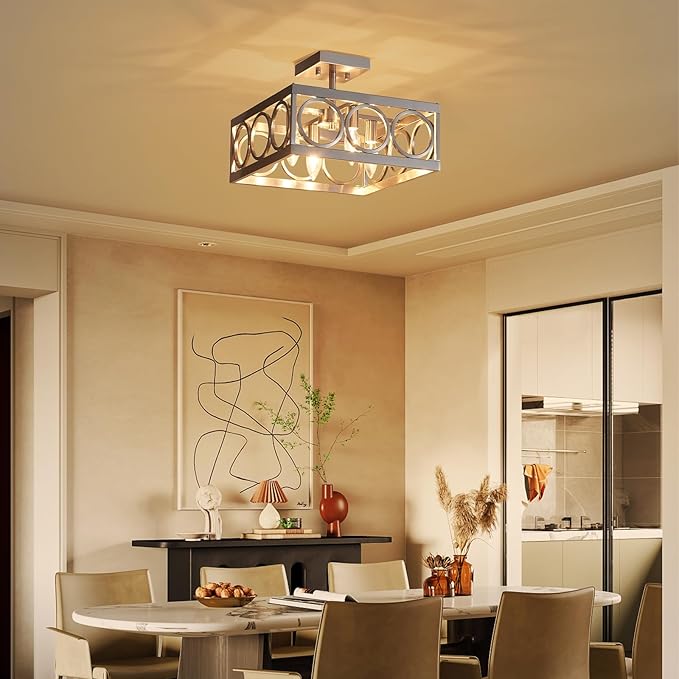 XINGQI Brushed Nickel Ceiling 4-Light 13'' Modern Semi Flush Mount Ceiling Light Fixture Rustic Chandelier Ceiling Lamp for Bedroom Living Dining Room with Square Metal Shade, E12 Bulbs
