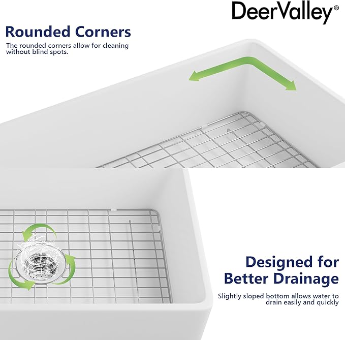 DeerValley Farmhouse Kitchen Sink 33 Inch, Fireclay White Undermount Kitchen Sink, Ceramic Apron-Front Deep Single Bowl with Stainless Steel Grid & Drain