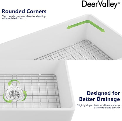 DeerValley Farmhouse Kitchen Sink 33 Inch, Fireclay White Undermount Kitchen Sink, Ceramic Apron-Front Deep Single Bowl with Stainless Steel Grid & Drain