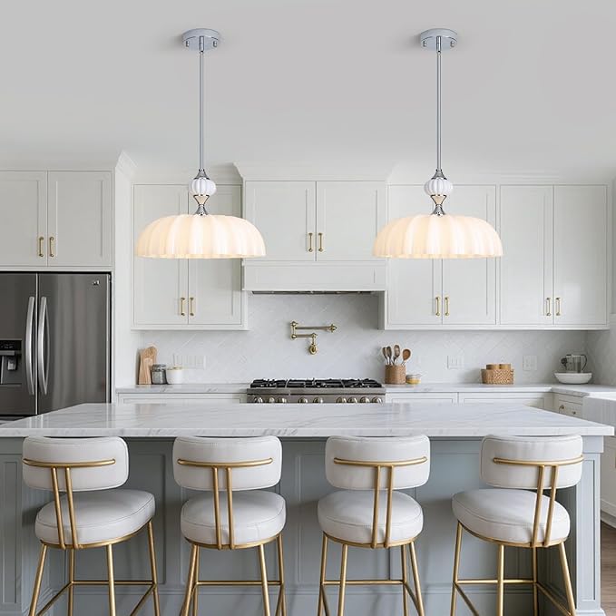 15.7 Inch Vintage Flower Brushed Nickel Chandelier, Adjustable Height Pendant Light with White Milk Glass Shades, Farmhouse Ceiling Light Fixture for Kitchen Island, Dining Room, Bedroom