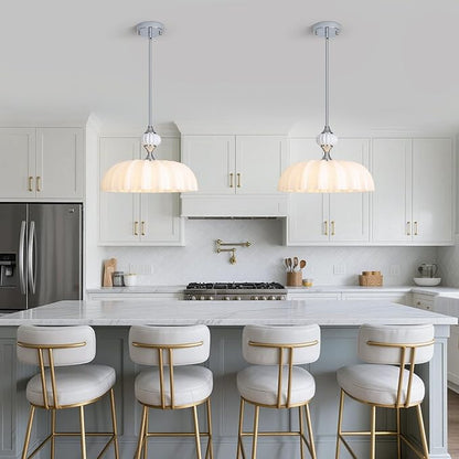 15.7 Inch Vintage Flower Brushed Nickel Chandelier, Adjustable Height Pendant Light with White Milk Glass Shades, Farmhouse Ceiling Light Fixture for Kitchen Island, Dining Room, Bedroom