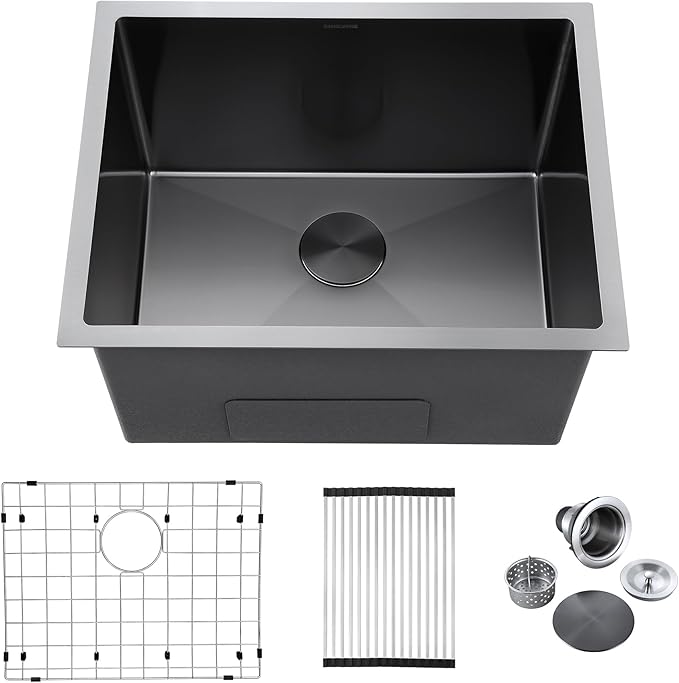 24-inch Undermount Laundry Utility Sink - 24x19x13 Extra Deep Black Stainless Steel Single Bowl Basin with Drain Strainer, Bottom Grid & Drying Unit for Laundry Room, Outdoor, Kitchen Use