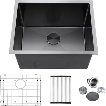 24-inch Undermount Laundry Utility Sink - 24x19x13 Extra Deep Black Stainless Steel Single Bowl Basin with Drain Strainer, Bottom Grid & Drying Unit for Laundry Room, Outdoor, Kitchen Use