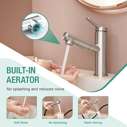 Faustina Single Hole Bathroom Faucet with Pull Out Sprayer, Brushed Finish Bathroom Sink Faucet for Vanity or Laundry, Stainless Steel 1 Handle with Deck Plate for 1 or 3 Hole