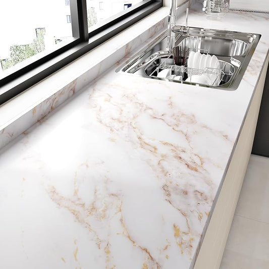 Wallercity Matte White/Gold Marble Contact Paper for Countertop Self Adhesive Waterproof Peel and Stick Countertops Granite Wallpaper for Cabinets Kitchen Backsplash Vinyl Table Wrap Film 15.8''x197''