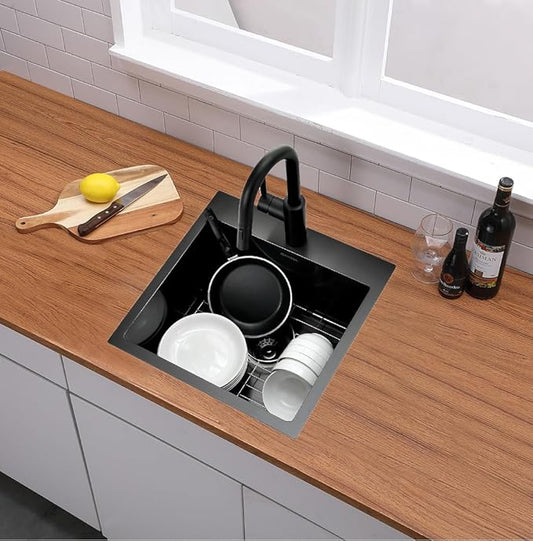 18x18 Inch Black Bar Sink Drop In, Topmount Stainless Steel Kitchen Sink, Square Small Kitchen Sinks, Single Bowl Kitchen Sinks for Laundry Wet Bar Prep RV Office Outdoor Yard with Grid & Drain
