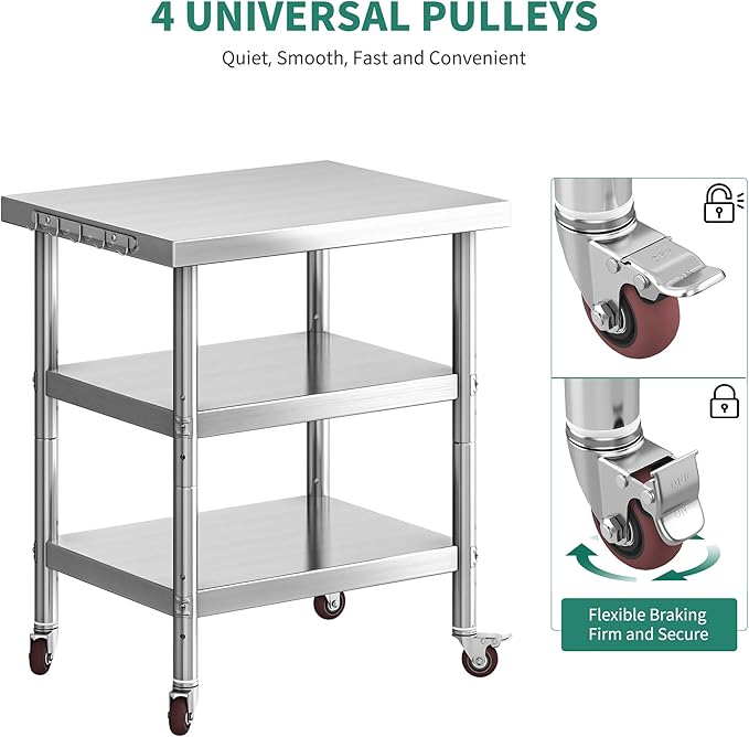 YITAHOME NSF Stainless Steel Table, 30" X 24" Work Table with Wheels, 3 Shelves Metal Table Prep Table for Home Kitchen Restaurant Garage Warehouse Outdoor