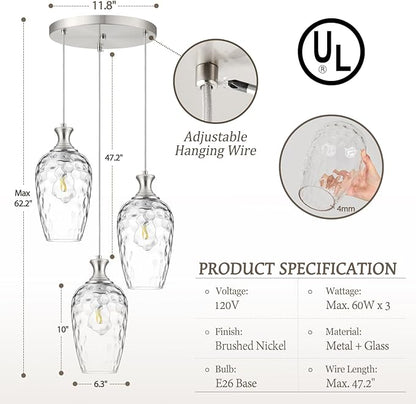3-Light Pendant Lighting, Modern Brushed Nickel Dining Room Chandelier Light Fixture Over Table with Hammered Glass, Brass Cluster Hanging Lights for Kitchen Island Dining Room Bedroom, E26