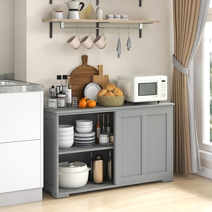 Giantex Buffet Cabinet with Storage, Coffee Bar Wine Cabinet, Farmhouse Sideboard w/Sliding Door, Adjustable Shelves, Cupboard, Kitchen Storage Cabinet, Buffet Table for Living Room Entryway, Grey