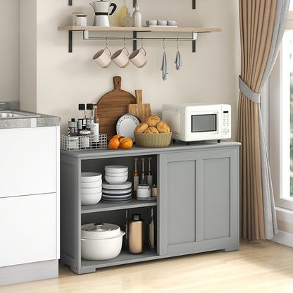 Giantex Buffet Cabinet with Storage, Coffee Bar Wine Cabinet, Farmhouse Sideboard w/Sliding Door, Adjustable Shelves, Cupboard, Kitchen Storage Cabinet, Buffet Table for Living Room Entryway, Grey
