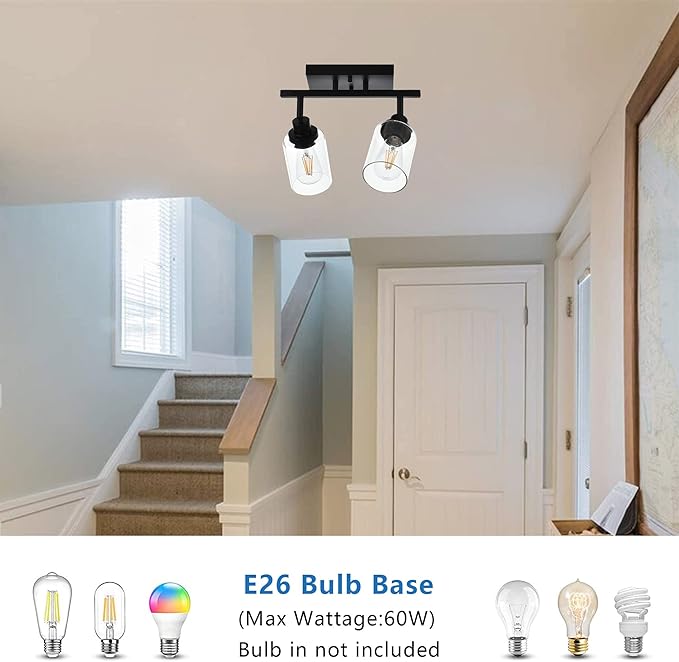 MELUCEE 2 Light Wall Scone Spotlight Semi Flush Mount Ceiling Light, 12.2 Inch Black Bathroom Lights Rotatable Track Lighting Kit for Hallway Porch Foyer Bath Storage, Clear Glass Shade