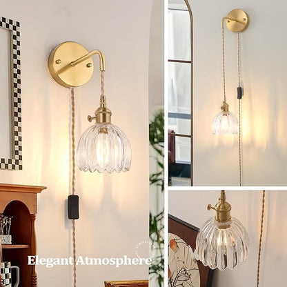 Shenmoyl Vintage Wall Sconce Wall Lamp with Clear Tulip Glass Shade Hanging Wall Sconce with 4.9FT Plug in Cord, Modern Wall Lamp Fixtures Decor for Bedside Bedroom Indoor Doorway