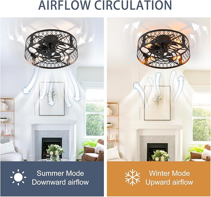 Garwarm 19.6in Caged Ceiling Fan with Light, Bladeless Black Fandelier Ceiling Fan with Remote, Industrial Farmhouse Samll Fan Lights Ceiling Fixtures for Kitchen, Bedroom（6 Speed, Timing）-Black