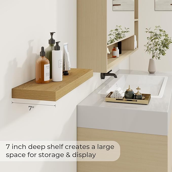 Dreamland 24 Inches Floating Shelves for Wall, 6.7 Inch Deep Floating Shelves Set of 2, Large Display & Storage Shelf, Wall Shelf for Bathroom Bedroom Living Room Kitchen Office,Oak