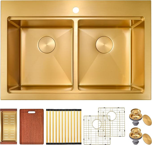 MILOSEN 33 Inch Gold Double Bowl Kitchen Sink, 33''x22'' Gold Workstation Sink 50/50 Topmount Double Basin with Accessories, Drop in 16 Gauge T304 Stainless Steel Sinks, 10'' Deep and Large Sinks