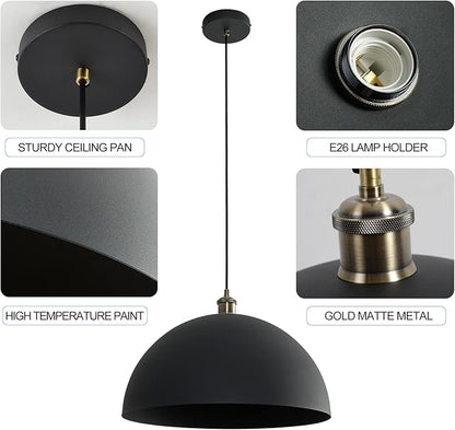Vintage Black Pendant Light 17.72'' Retro Farmhouse Large Dome Pendant Lamp Modern Industrial Chandelier for Wire length 78.74 '' for Kitchen Island, Bedroom, Dining Room, Living Room, Hallway