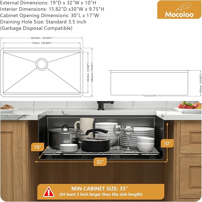 Mocoloo 32 Inch Undermount Kitchen Sink, 32x19 Gunmetal Black Stainless Steel Workstation Sink, 16 Gauge Modern Single Bowl 10'' Deep Kitchen Basin