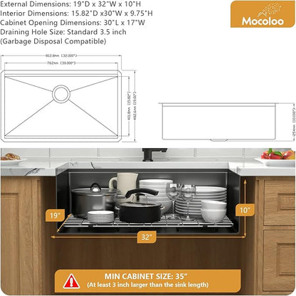 Mocoloo 32 Inch Undermount Kitchen Sink, 32x19 Gunmetal Black Stainless Steel Workstation Sink, 16 Gauge Modern Single Bowl 10'' Deep Kitchen Basin