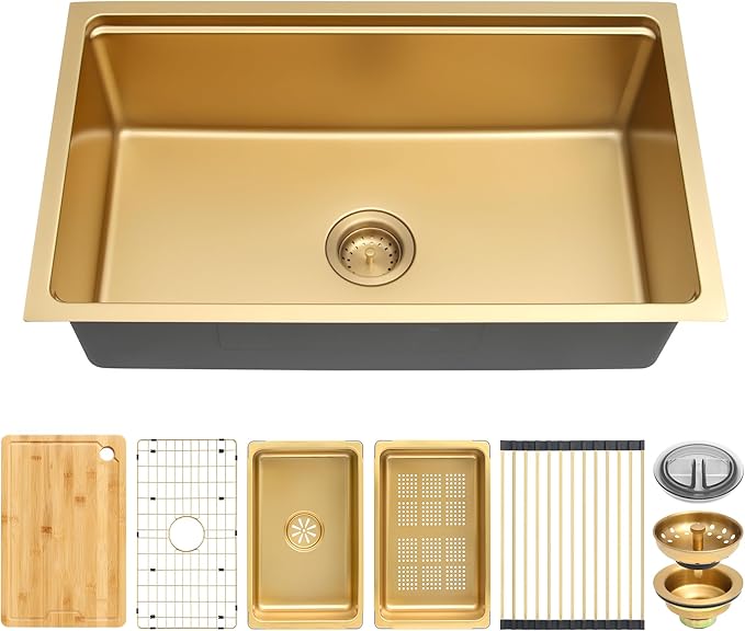 MILOSEN 30 Inch Gold Undermount Kitchen Sink, 30" x 18" Gold Stainless Steel Sinks, Single Bowl Workstation Sink with Custom Accessories, Modern Under Counter Design, 9'' Large and Deep Kitchen Sinks
