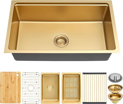 MILOSEN 30 Inch Gold Undermount Kitchen Sink, 30" x 18" Gold Stainless Steel Sinks, Single Bowl Workstation Sink with Custom Accessories, Modern Under Counter Design, 9'' Large and Deep Kitchen Sinks