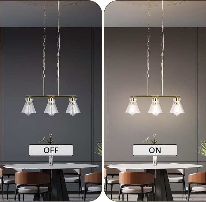 Gold Kitchen Island Lighting, 3-Light Farmhouse Pendant Light with Seeded Glass Shades, Adjustable Dining Room Chandelier for Entryway, Hallway, Foyer, Living Room, Bedroom