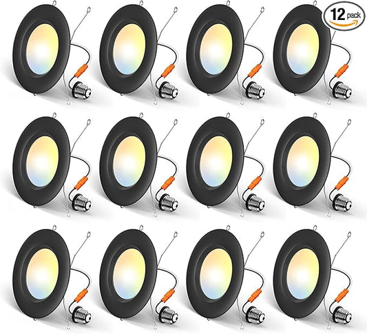 Amico 5/6 inch 5CCT LED Recessed Lighting 12 Pack, Dimmable, Damp Rated, 12.5W=100W, Can Lights with Baffle Trim, Retrofit Installation, ETL&FCC, Black