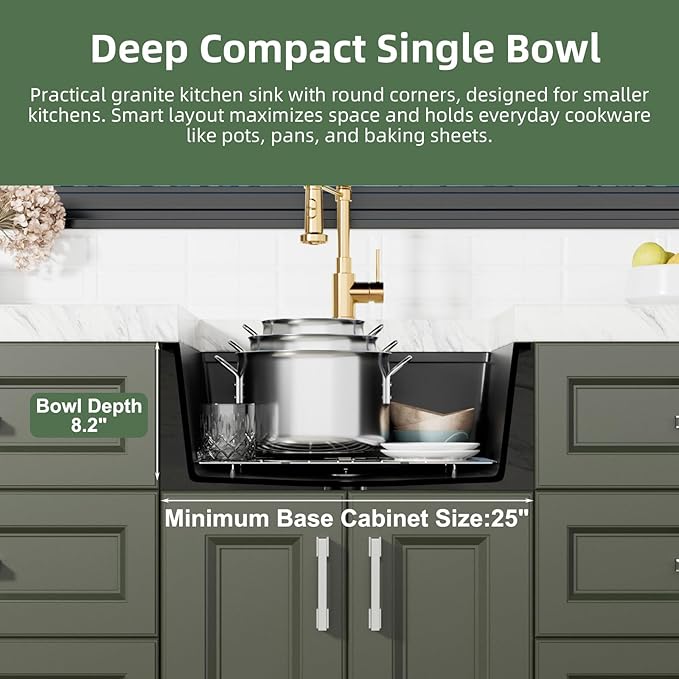 Davivy 22 Inch Black Granite Composite Kitchen Sink Workstation, 22 x 18 Black Undermount/Drop In Kitchen Sink, Deep Quartz Single Bowl with Accessories