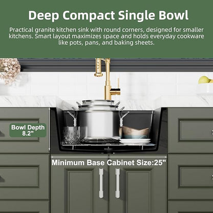 Davivy 22 Inch Black Granite Composite Kitchen Sink Workstation, 22 x 18 Black Undermount/Drop In Kitchen Sink, Deep Quartz Single Bowl with Accessories