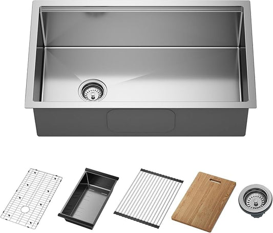 JOMOO 32‑Inch Nano‑Coated Stainless Steel Workstation Sink, 10″ Deep Single Bowl Undermount Kitchen Sinks, Handmade Topmount Sink Set with Accessories for Kitchen, Bar & RV