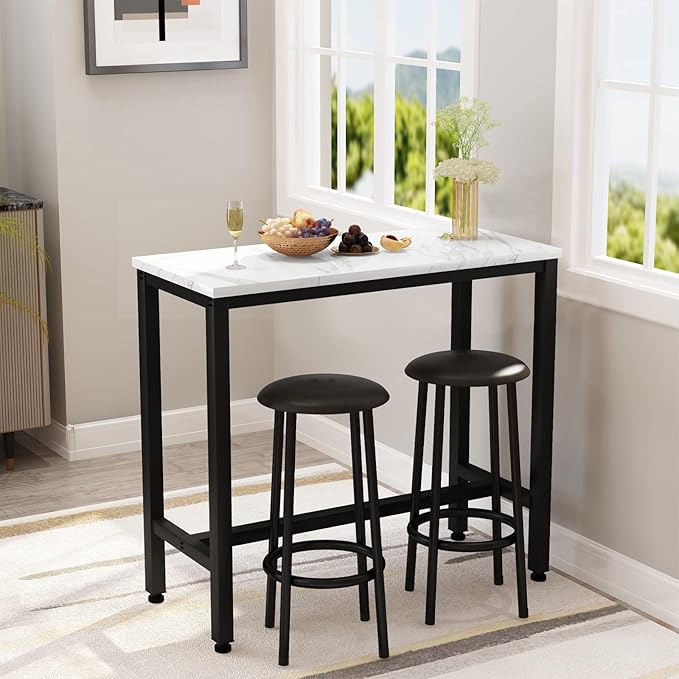 AWQM 39.3" Bar Table Set of 2,Faux Marble Pub Height Table and Chairs Set of 2 with Upholstered Stools,3 Piece Bar Table and Chairs Set Dining Table Set for Living Room,Kitchen,Bar,White & Brown