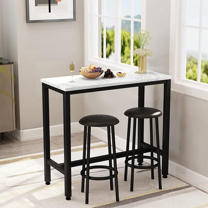 AWQM 39.3" Bar Table Set of 2,Faux Marble Pub Height Table and Chairs Set of 2 with Upholstered Stools,3 Piece Bar Table and Chairs Set Dining Table Set for Living Room,Kitchen,Bar,White & Brown