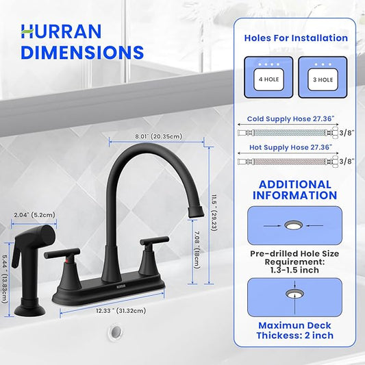 HURRAN 2-Handle Kitchen Faucet with Pull-Out Side Sprayer, 8 Inch High Arch Stainless Steel 360°Rotating Kitchen Sink Faucet, 4 Hole Faucet for Kitchen Bar Rv Camper, Black
